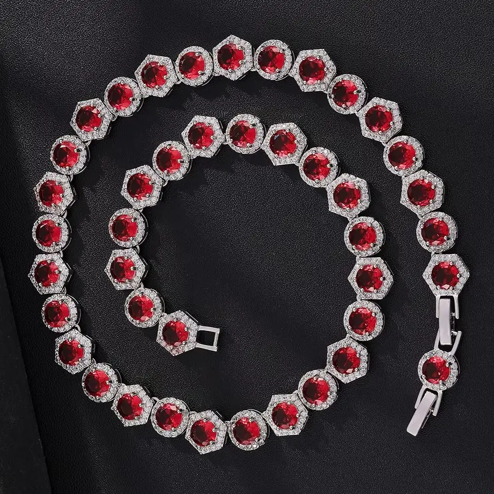 Luxuriöse Halo-Rund-CZ-Tennis-Ketten-Halskette für Damen, mehrfarbige Kristall-Hexagon-Rahmen-Gliederkette, Bankett-Modeschmuck – Detail 7