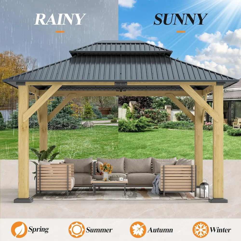 

10' X 12' Outdoor Wooden Gazebo - Patio Hardtop Gazebo Permanent Wooden Pavilion with Galvanized Steel Double Roof, Customized