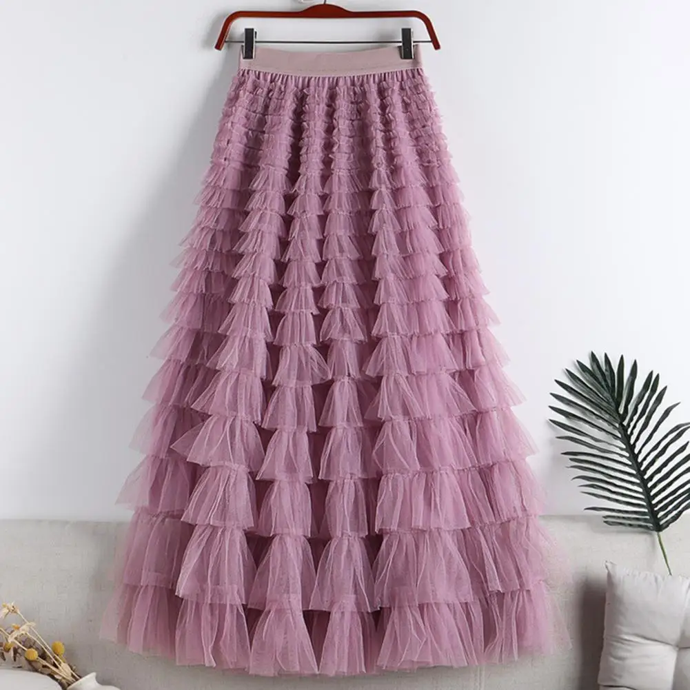 

Mesh Splicing Long Skirt Elegant Multi-layer A-line Skirt with Elastic High Waist Solid Color Long Skirt for Women Gauze Mesh