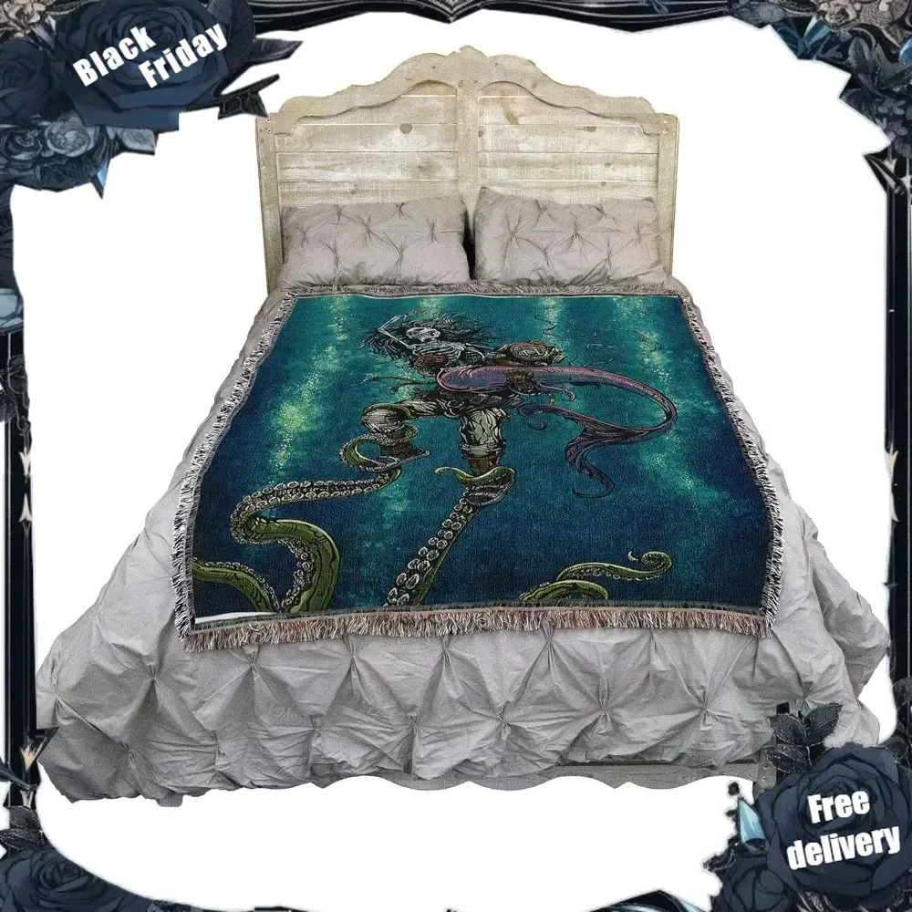 Catch or Release Skeleton Blanket by David Lozeau - Gift Fantasy Tapestry Throw Woven from Cotton