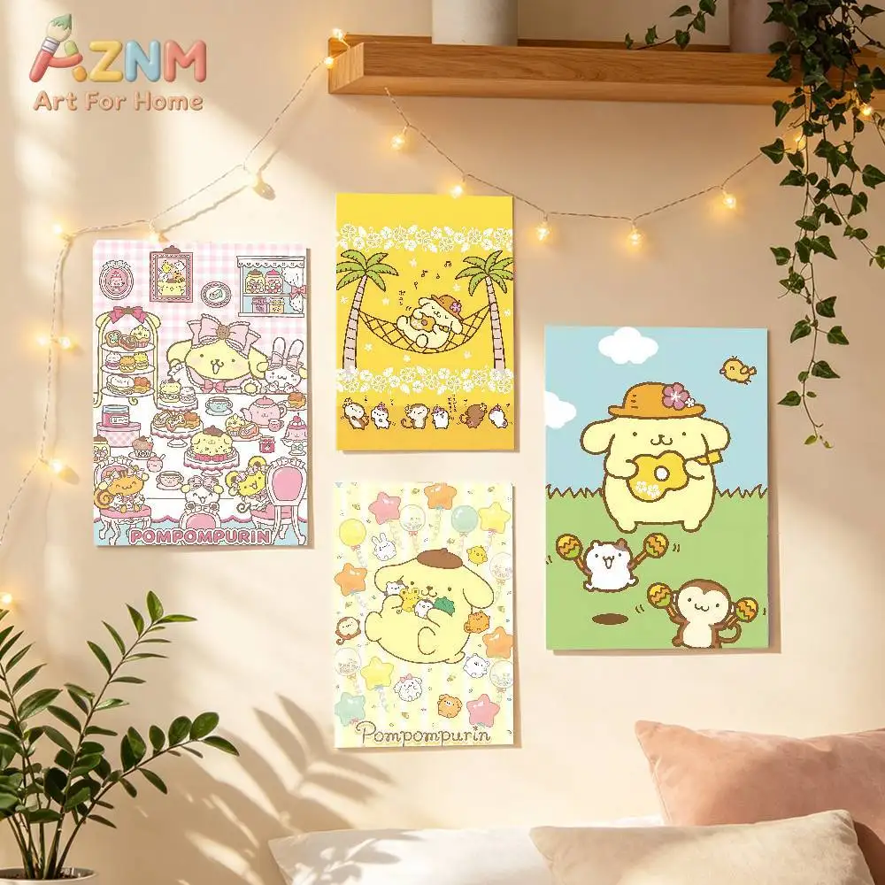 `Kawaii Yellow Puppy Canvas Wall Art, Sweet Holiday Beach Cartoon Poster Print, No Frame Canvas Painting, Aesthetic Wall Picture