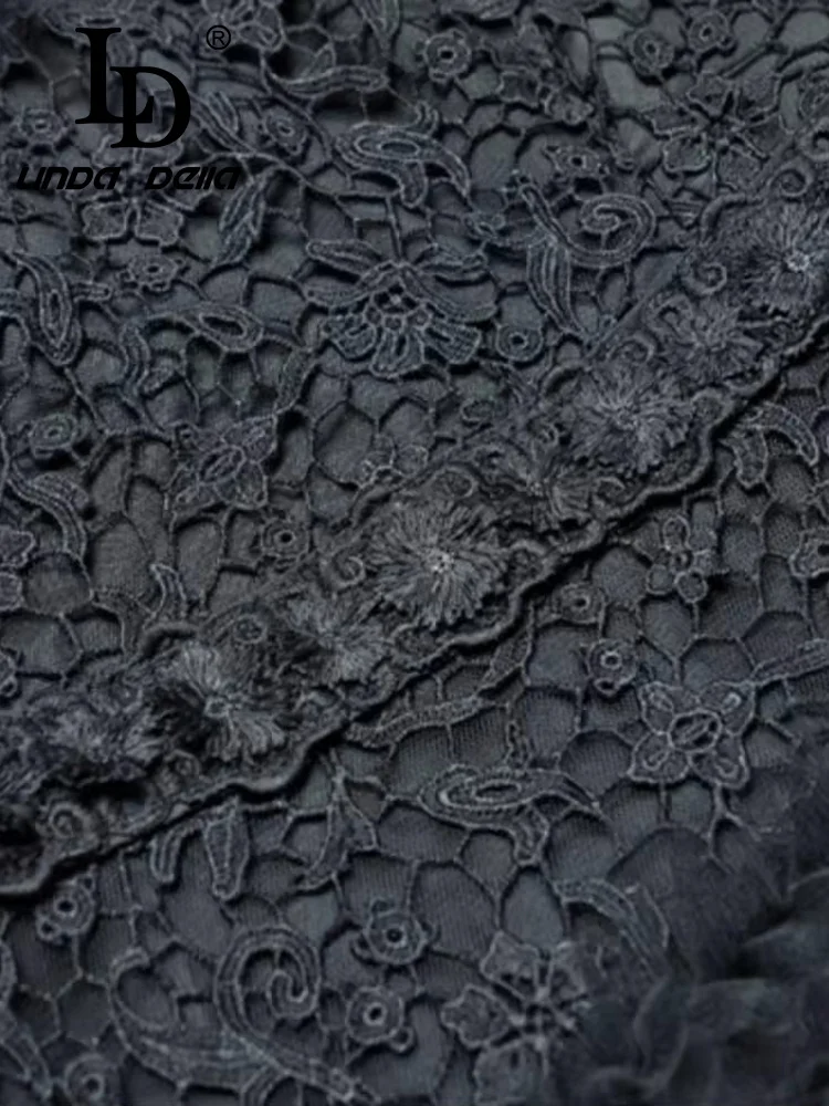 فستان LD LINDA DELLA للربيع والصيف للنساء مفرغ من الدانتيل بأكمام طويلة وحافة فطريات شجرة صالحة للأكل فساتين سهرة كبيرة متأرجحة للحفلات