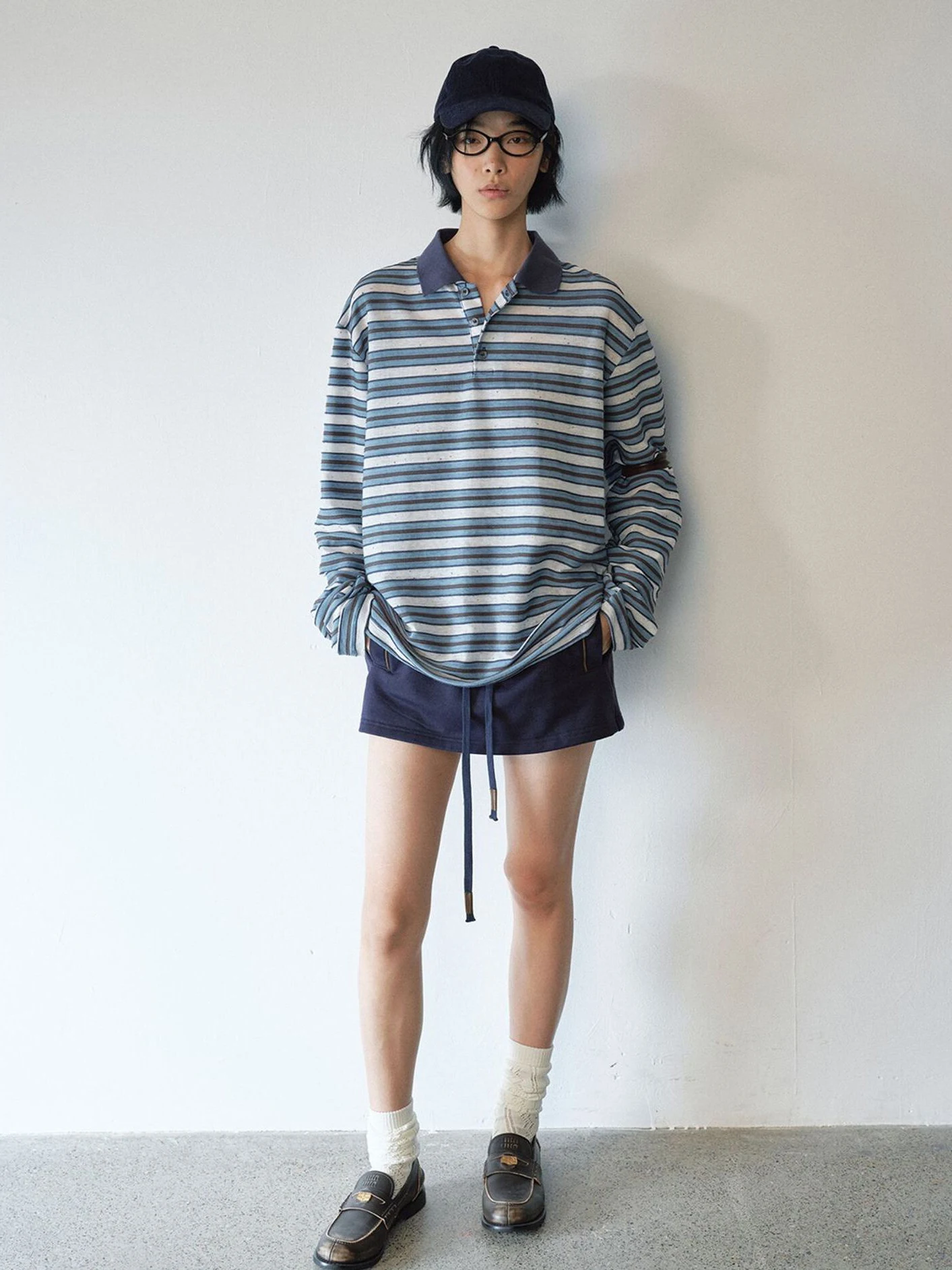 American Retro Striped  Collar Long Sleeve T-Shirt Women's Spring Autumn Loose Flip Collar Mid-Length Casual Top