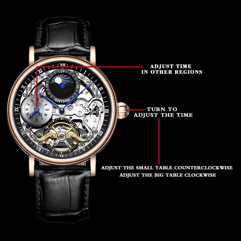 KINYUED Men Watches Automatic Mechanical Watch Dual Time Zone Tourbillon Clock Leather Waterproof Watch Men Military Wristwatch