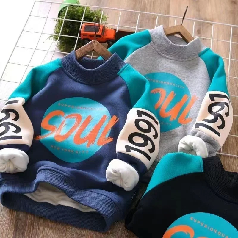 

Boys Fleece-Lined Sweater Winter Half Turtleneck 2024 New Color Matching Printed Thickening Children's Bottoming Shirt