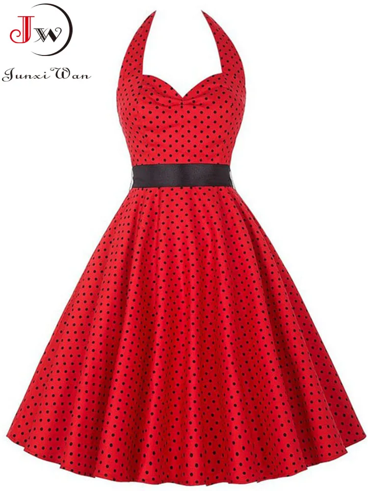 Delle donne di Estate del Puntino di Polka Dell\'annata di Modo del Vestito Del Partito di Office Lady 50s 60s Rockabilly Grande Swing Halter Abiti