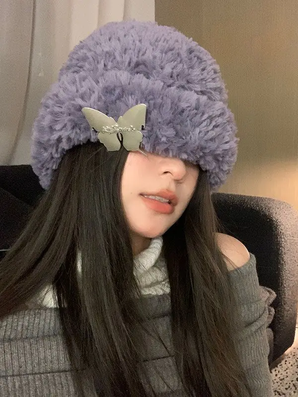 Butterfly Metal Label Plush Woolen Hat Winter Women's Plush Thick Warm and Windproof Cycling Ear Protection Knitted Hat Knitting