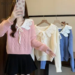 Winter Pullovers Women Patchwork Peter Pan Collar Bow Sweet Lovely All-match Knitting Chic Fluffy Design Autumn Tops Female Ins