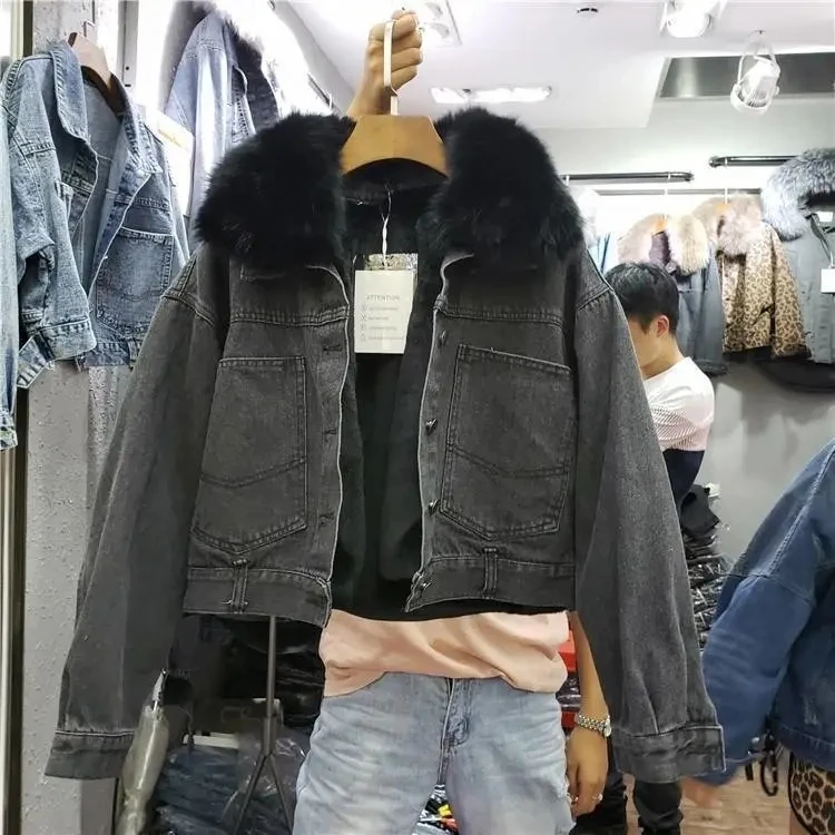 2024 New Winter Loose Plus Velvet Denim Jacket Thicken Real Fur Collar Denim Jacket Female Jacket Cotton-padded Jean Jacket