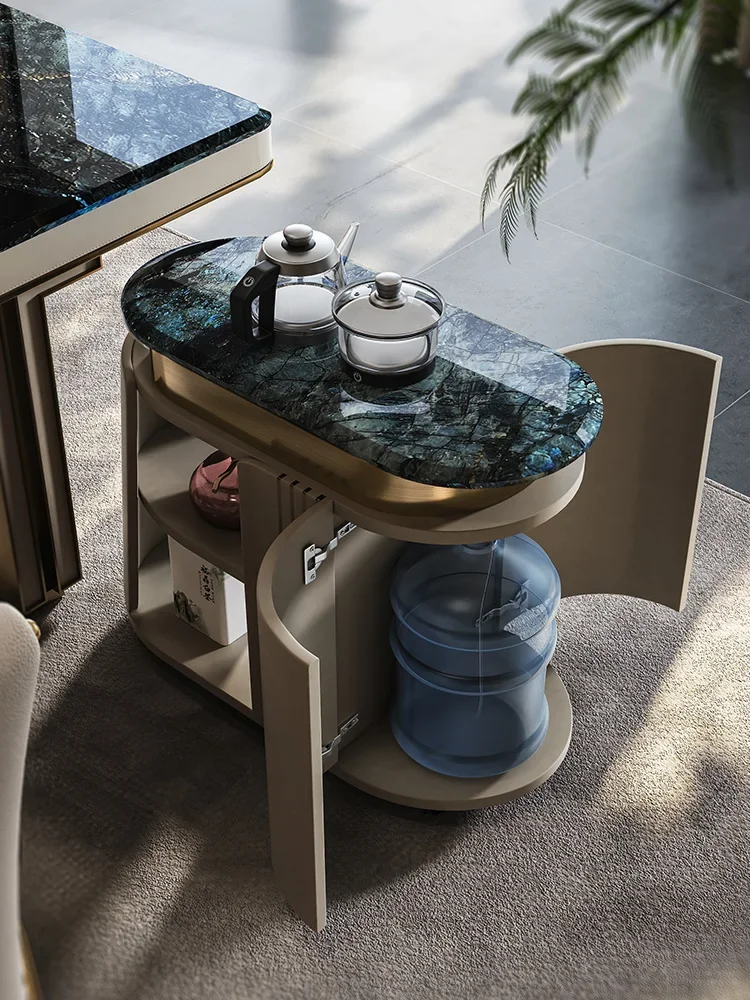 Mobile tea table household balcony small tea cart light luxury style kettle integrated luxury stone tea cabinet