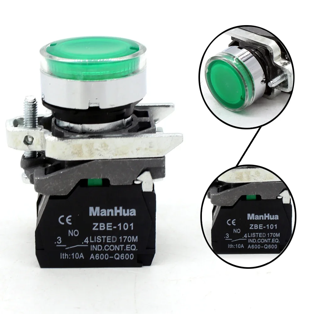 ManHua XB4-BW33M5 & XB4-BW34M5 High Quality Waterproof Industrial Metal Round Push Button Switch with LED Red Green Lamp