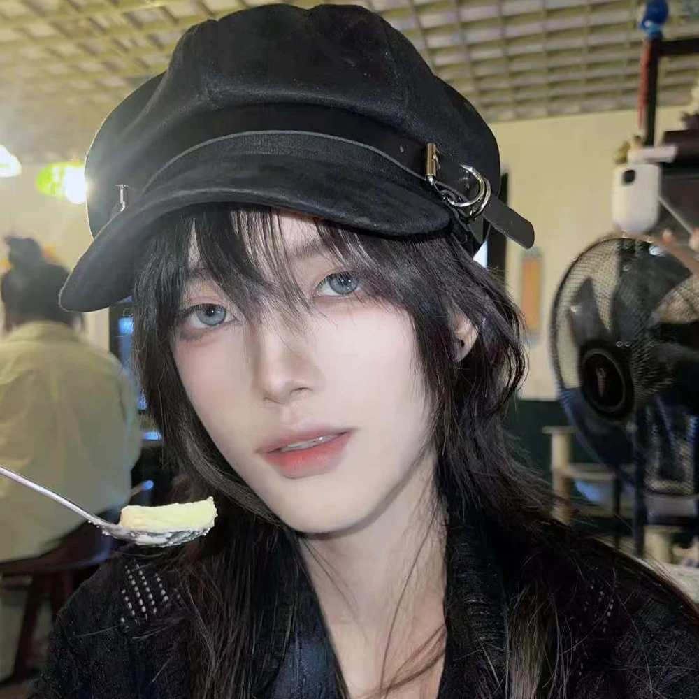 2025 Punk Women Harajuku Gothic Lolita Beret Hat Cap Y2K Girls Bow Punk Lace Handmake Decorative Sun Hats with Cross Pendant