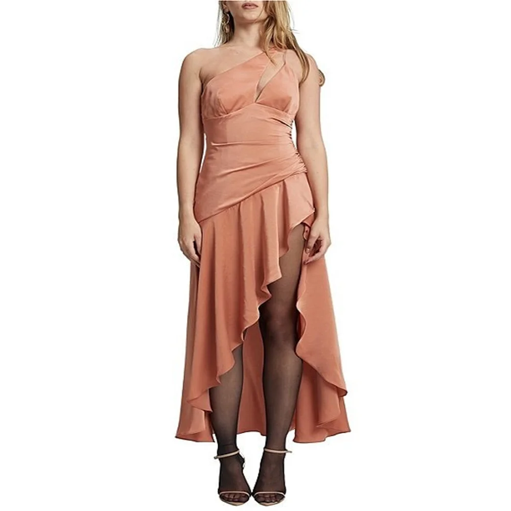 Hot Selling One Shoulder Neckline Sleeveless Adjustable Tie Straps Evening Dress Back Zipper Asymmetrical Ruffled Hem Gown 2024