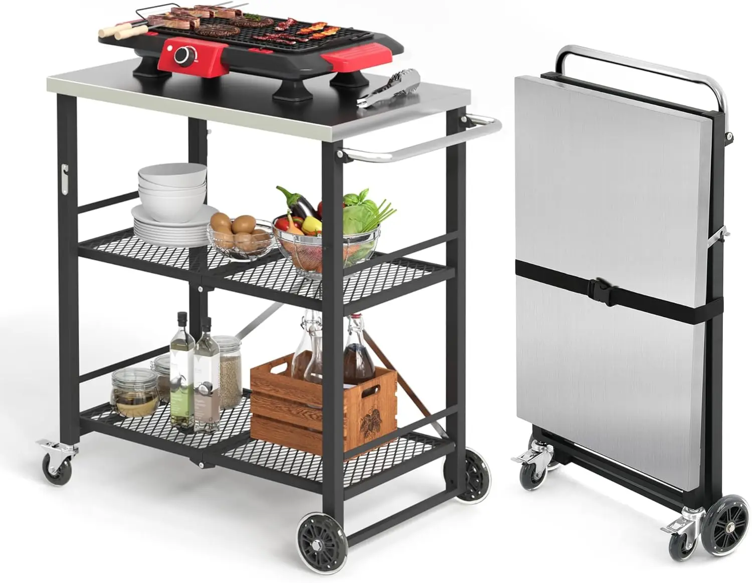 Foldable Outdoor Grill Cart with 2 Total Lock Casters, Stainless Steel Oven Stand, Rolling BBQ Table and 3 Shelf Folding Island