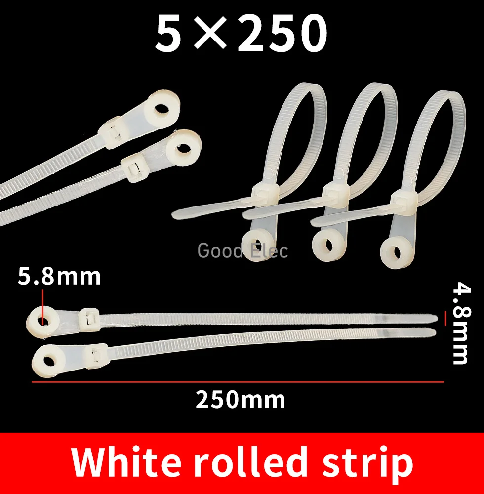 100pcs Cable ties, nylon fixing heads, screw holes, plastic buckles, wire binding and fixing devices, 3 * 100mm cable ties