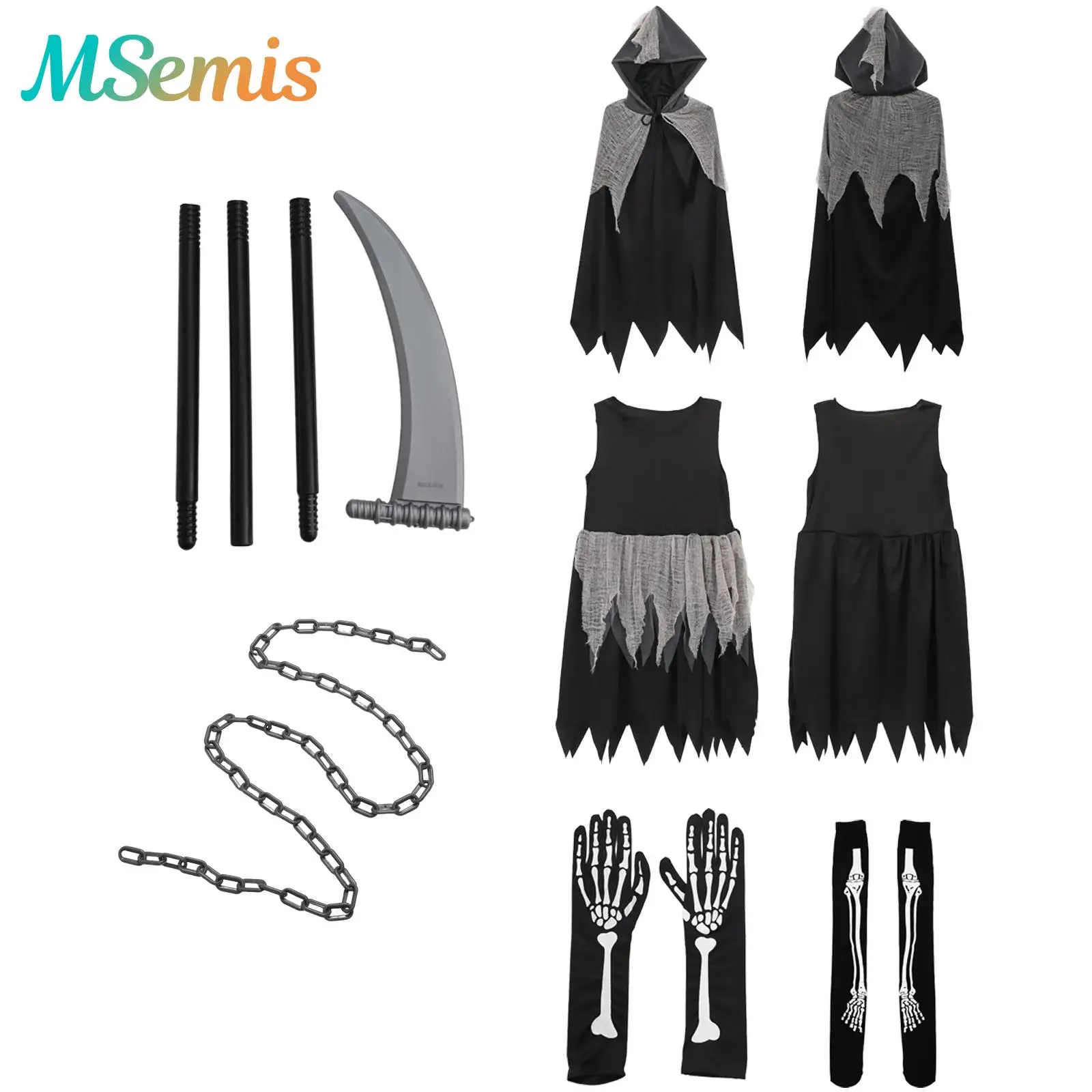 

Girls Grim Reaper Halloween Cosplay Costume Jagged Hem Scary Ghost Dress Cloak Scythe Skull Printed Gloves Socks And Chain
