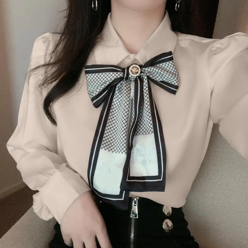 Korean All-match Bow Spliced Long Sleeve Shirt Fashion Women\'s Clothing Elegant Commute Turn-down Collar Solid Blouse for Female