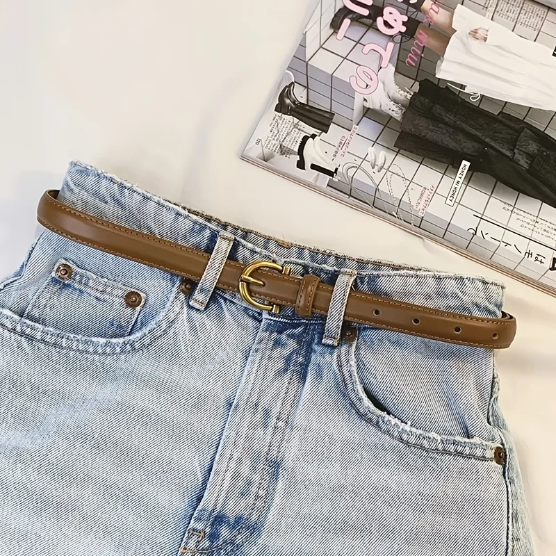 Retro Semicircle Buckle Belt Women's Stylish PU Leather Thin Waistband Pressure Line Edge Decoration Pants Versatile Waist Band