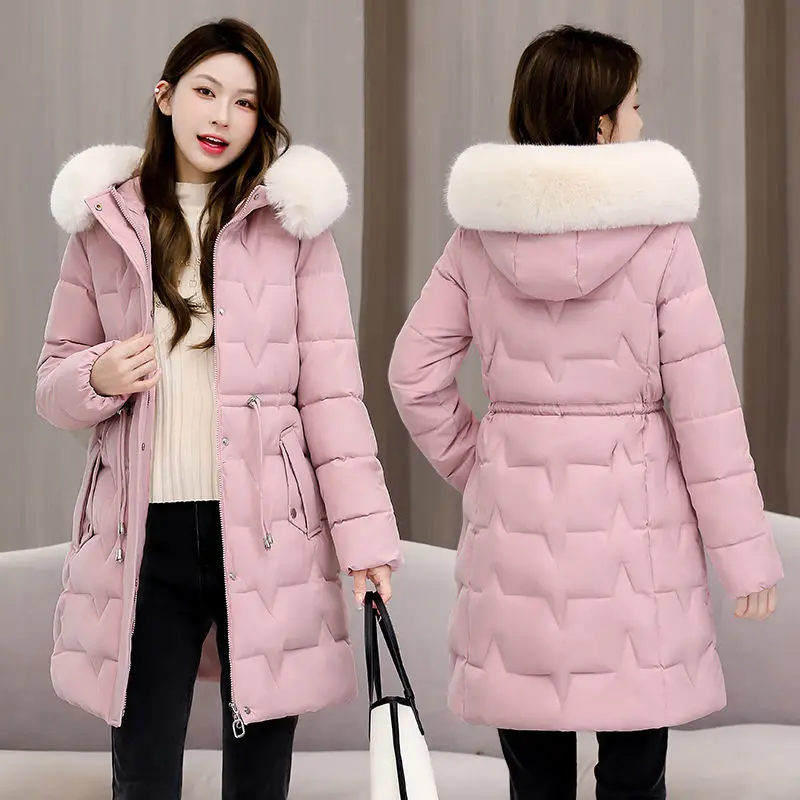 2025 New Winter Coat Women's Jacket Fur Neckline Long Basic Coats Thick Jackets Cotton Padded Outerwear Parkas Female Clothes