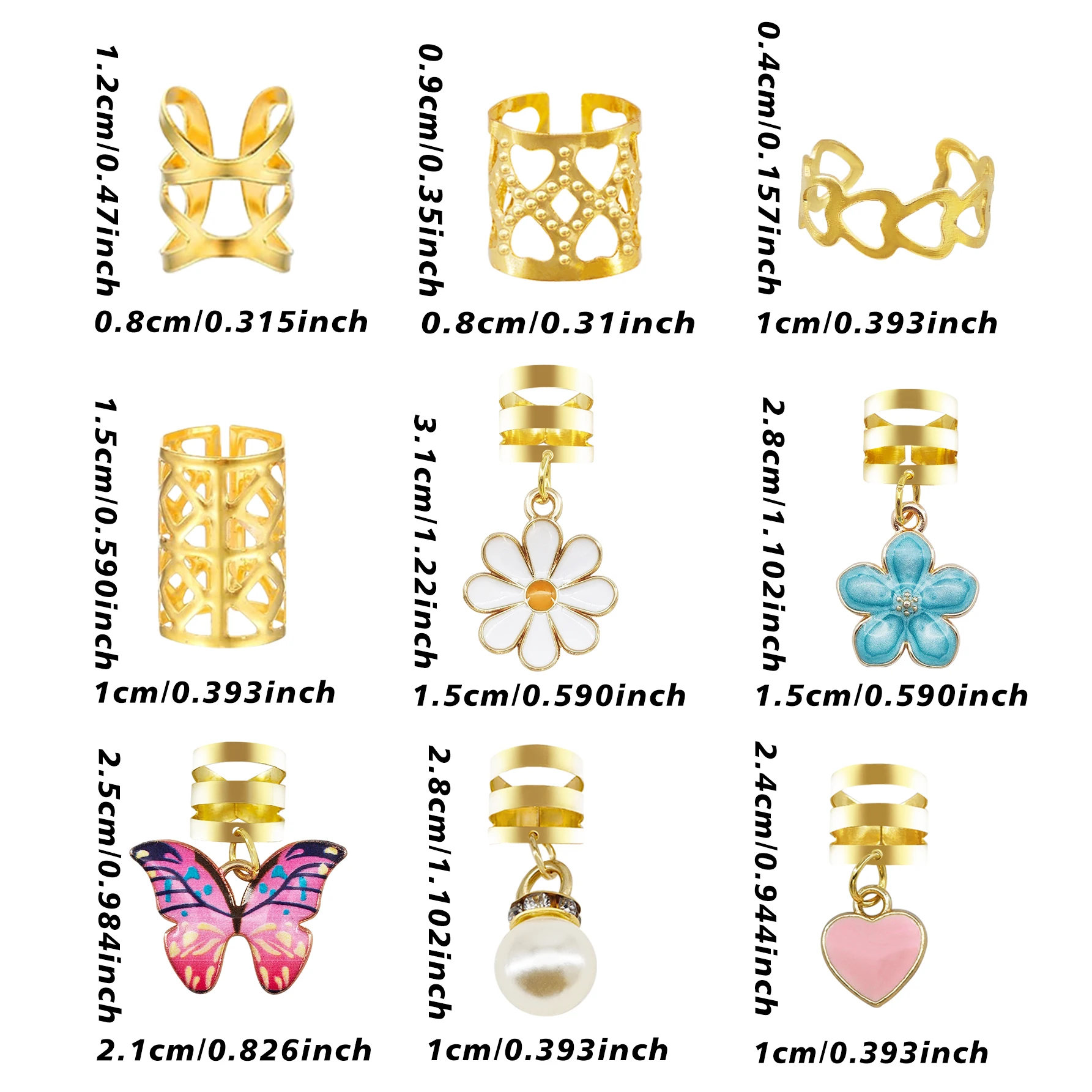 45 Stück rosa Herz- und Schmetterlings-Haarringe mit weißen Perlen und Gänseblümchen – zarte, verstellbare Manschetten, Haarschmuck für Dreadlocks – Detail 6