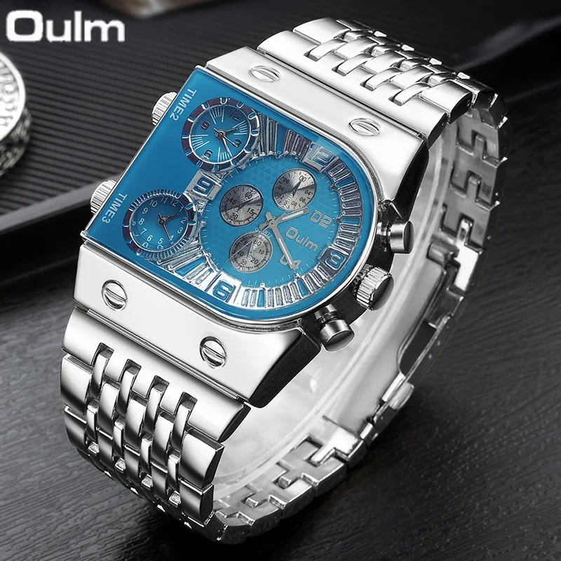 Oulm Unique Men Watch Square Sports Quartz Wrist Watch for Man Sports Multi-Time Zone Military Male Waterproof Relogio Masculino