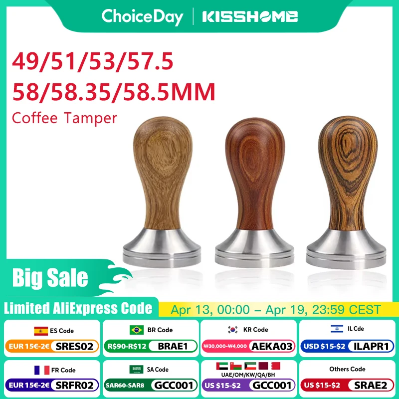 Coffee Tamper 41mm 49mm 51mm 53mm 57.5mm 58.35mm Wooden Handle Stainless Steel Delonghi Breville Barista Espresso Accessories