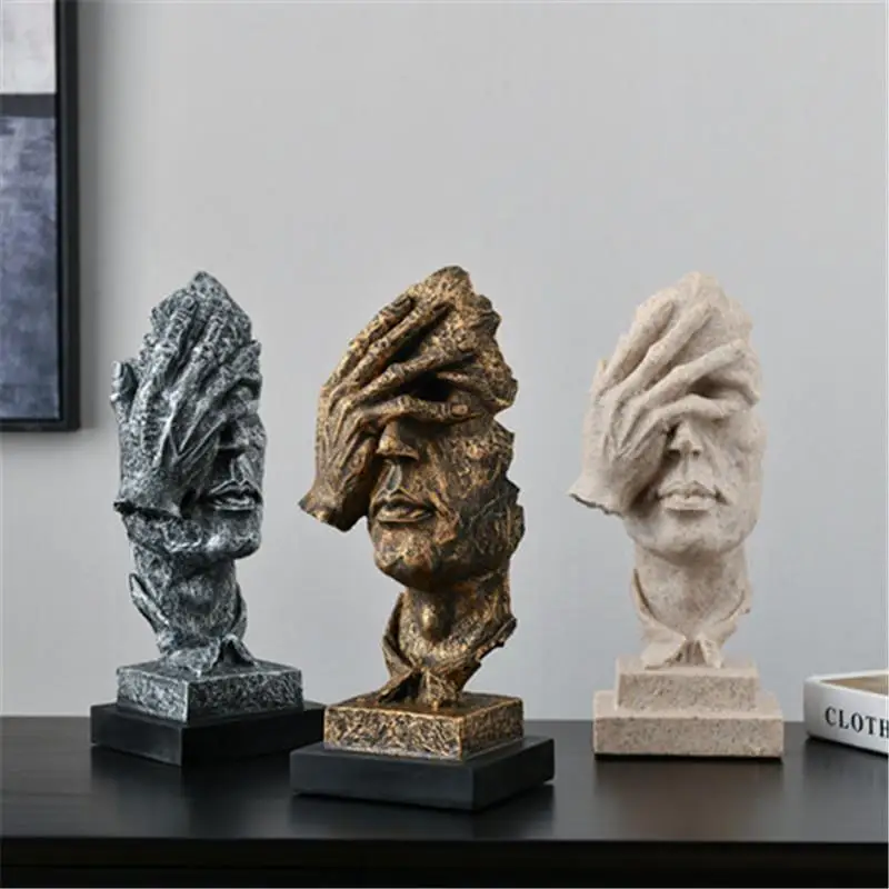 

Creative Resin Silence is Golden Mask Statue Abstract Art Ornament Objects Sculpture Statuette Office Vintage Home Decoration