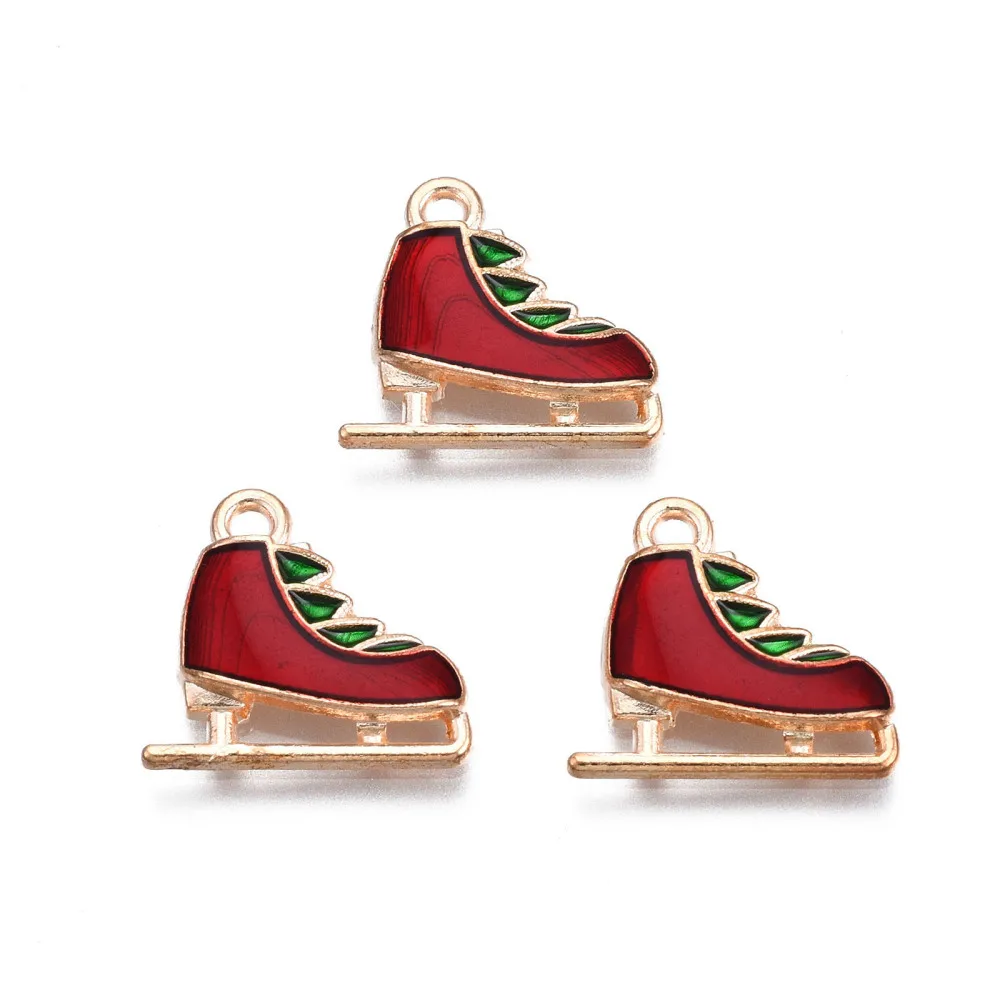 10Pcs Christmas Alloy Enamel Skating Shoes Pendants Light Gold Skating Shoes Metal Charms Pendant Dark Red Jewelry Making Charms