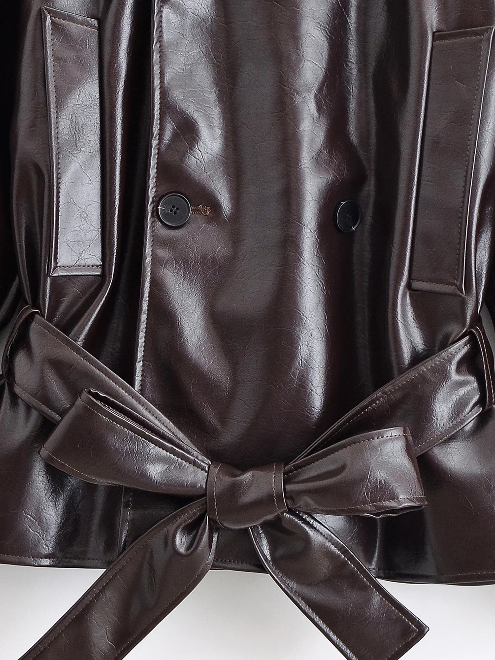 Gola com cinto brilhante com botão de fileira dupla Couro PU Jaet Casaco feminino Faion Casaco de motociclista moderno longo Sve Regula...