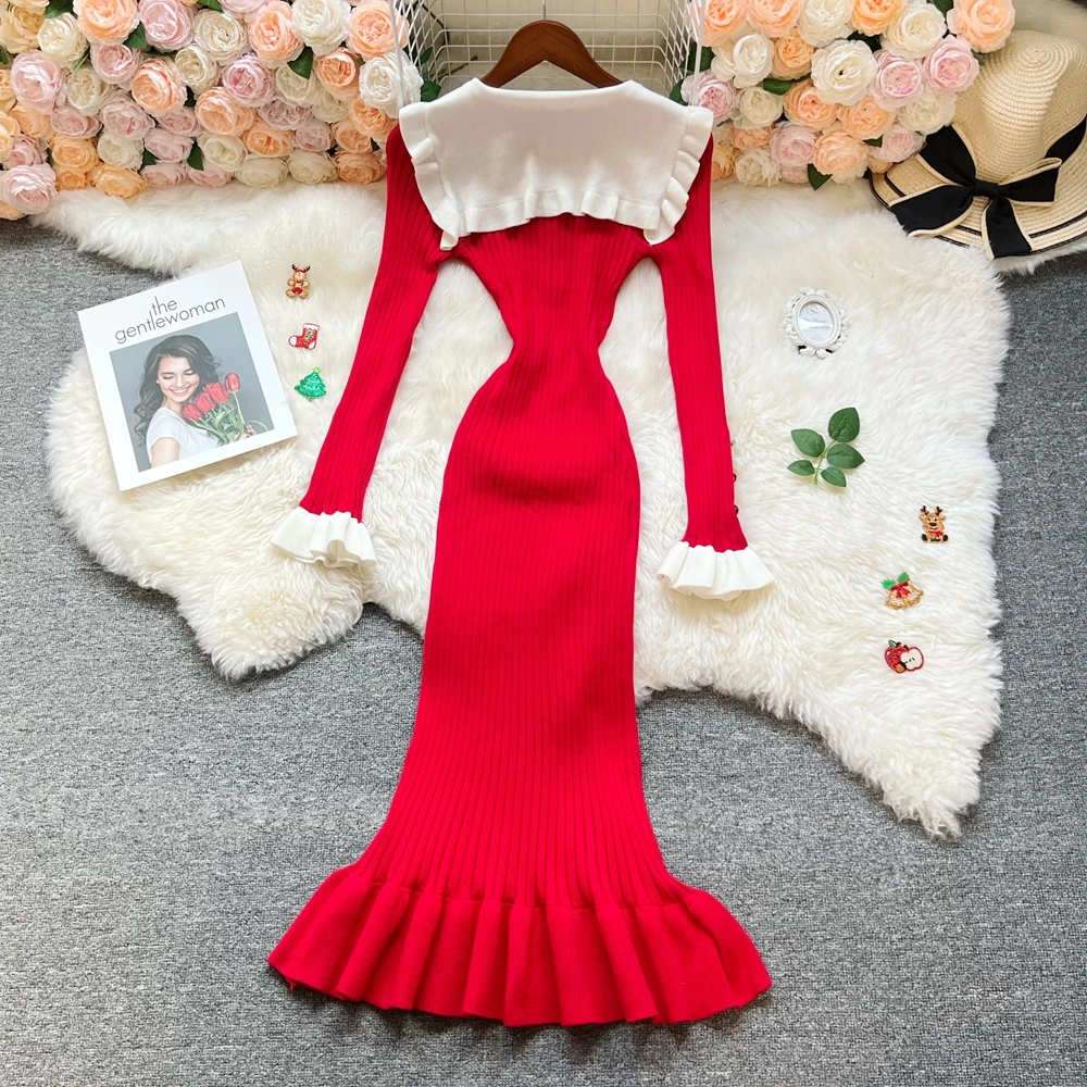 YuooMuoo 유럽 패션 인어 파티 드레스 2026 가을 겨울 긴 소매 슬림 탄성 바디콘 니트 롱 드레스 여성 의류