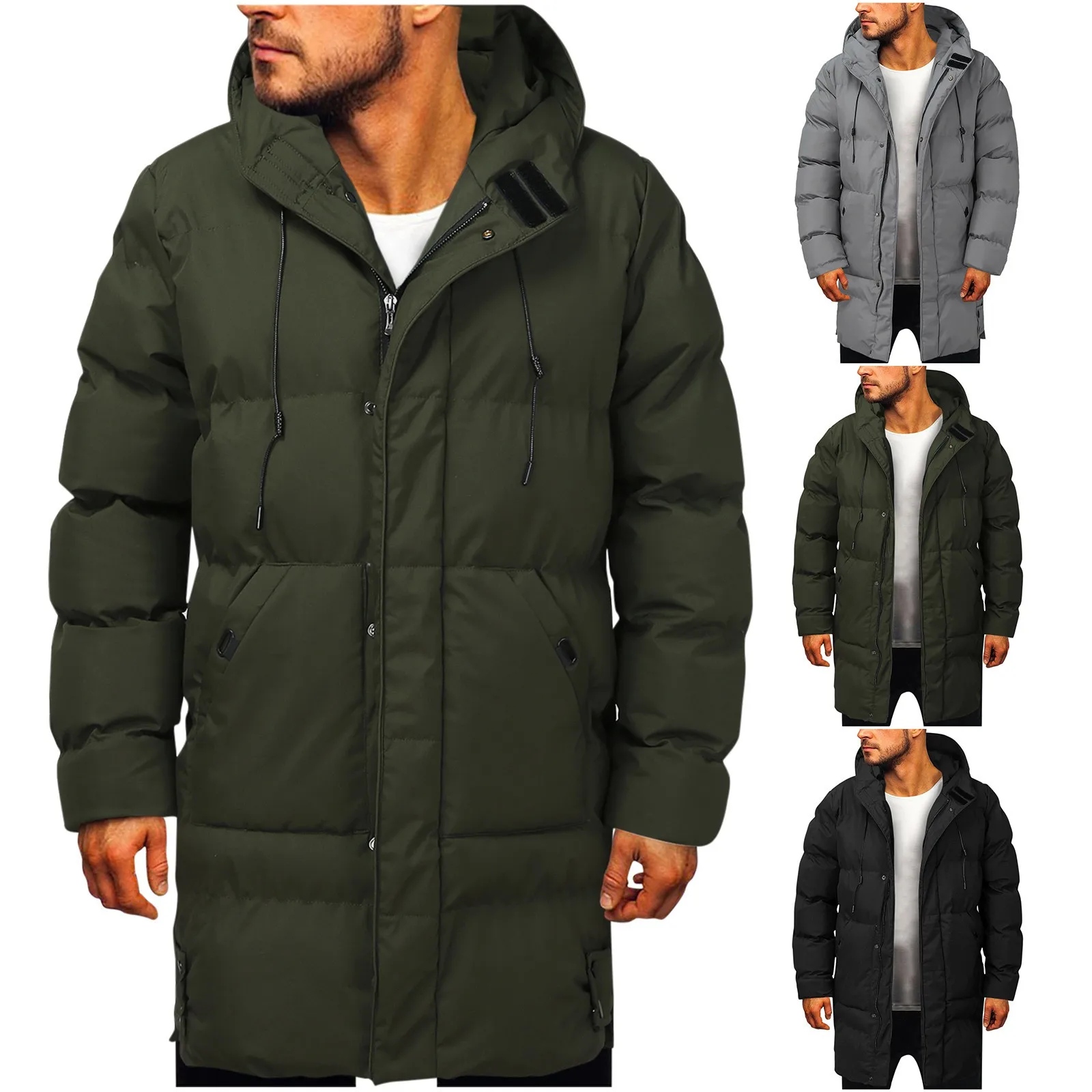 Hooded Winter Down Coat for Men Parkas Thickened Solid Color Padded Cardigan Midi Length Zip Up Men\'s Coat For Daily Wear