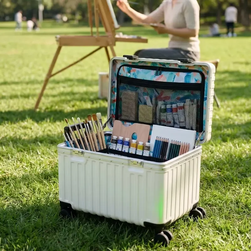 Durable Waterproof Painting Tool Box with Wheels Anti Theft Art Supply Trolley Large Capacity Paint Storage Case for Artists