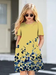 Children's Clothing Short Sleeved Dress Round Neck Knee-Length Pocket Fashion