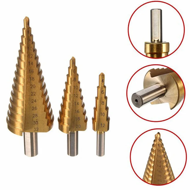 

3pcs HSS Steel Step Cone Drill Bit Set Suitable for Use with Pistol and Bench Drills on Metal Wood Plastic and Brass