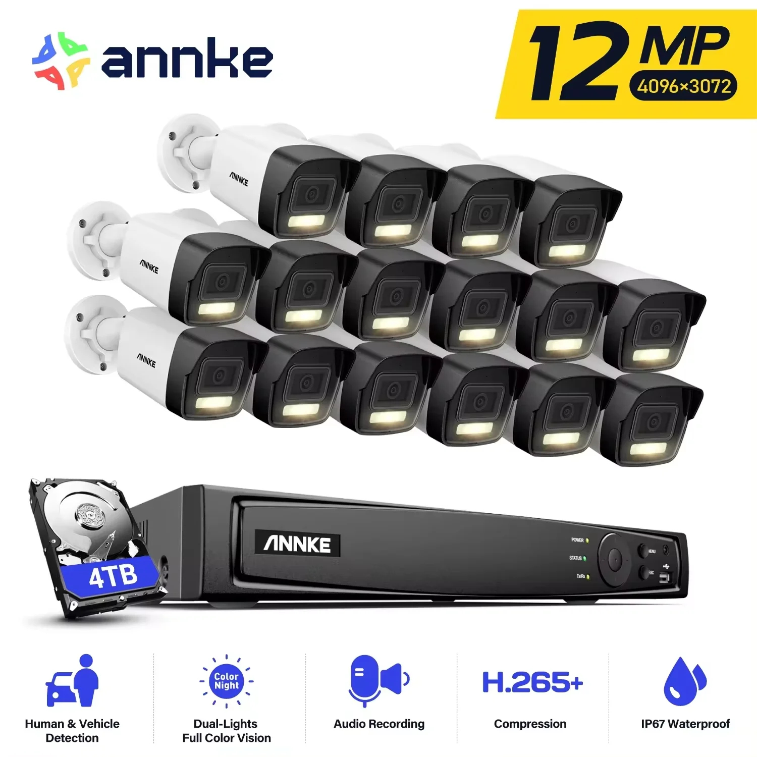 Annke 16CH NVR 12MP HD IP Security Camera Poe 6K Dual Light Audio Fixed Video Surveillance Human Vehicle Detection CCTV System