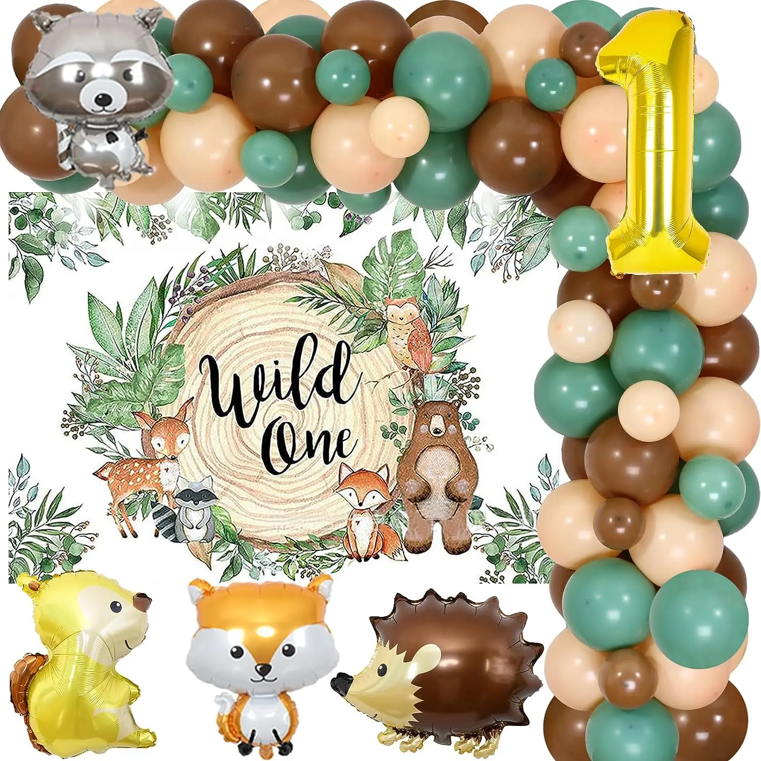 

Woodland 1st Birthday Decorations Wild One Balloon Garland Arch Kit with Backdrop Forest Animals First Birthday Party Supplies