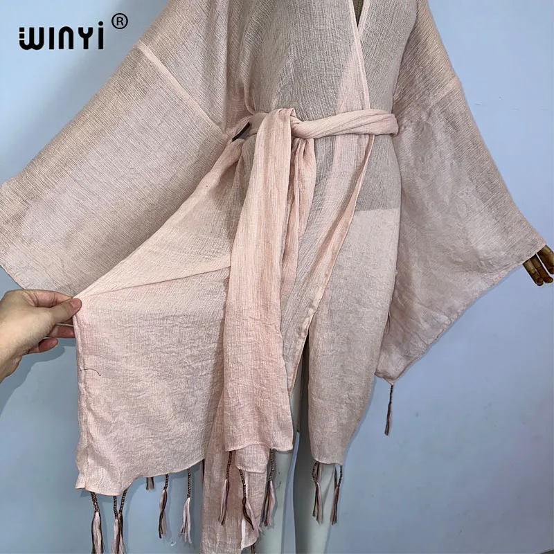 WINYI kimono Africa płaszcz z paskiem moda kaftans okrycie plażowe-up z frędzlami monochromatyczny kardigan stroje plażowe dla kobiet vestidos