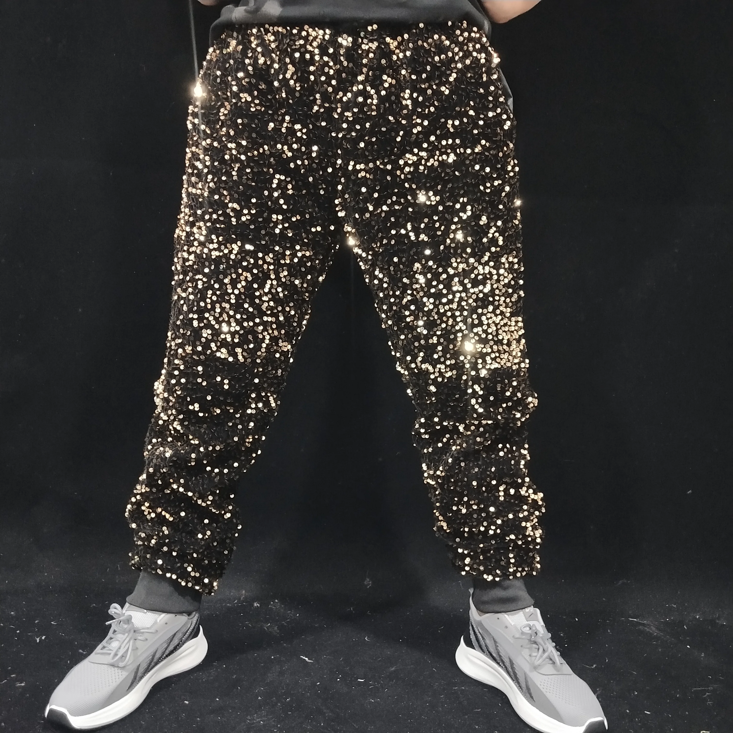 Men Bar Nightclub Sequins Pants Silver Blue Double Sided Flip Loose Casual Trousers Dancer Team Hip Hop Party Dance Costume