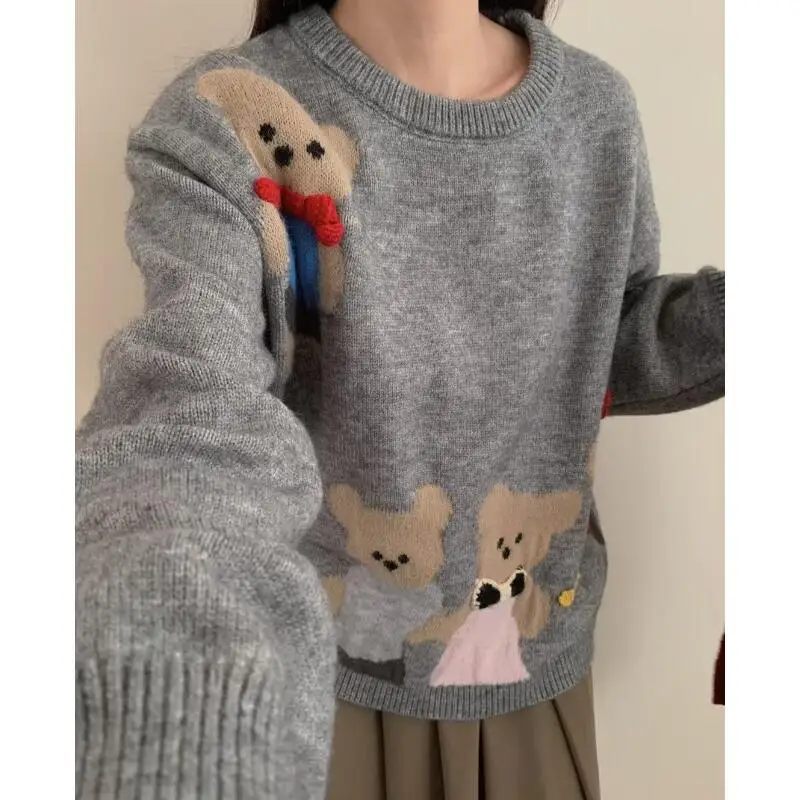 Cartoon Cute Jacquard Pullover Sweater Women  Autumn Winter New Loose Versatile Warm Knitwear Kawaii Fashion Women's Sweater