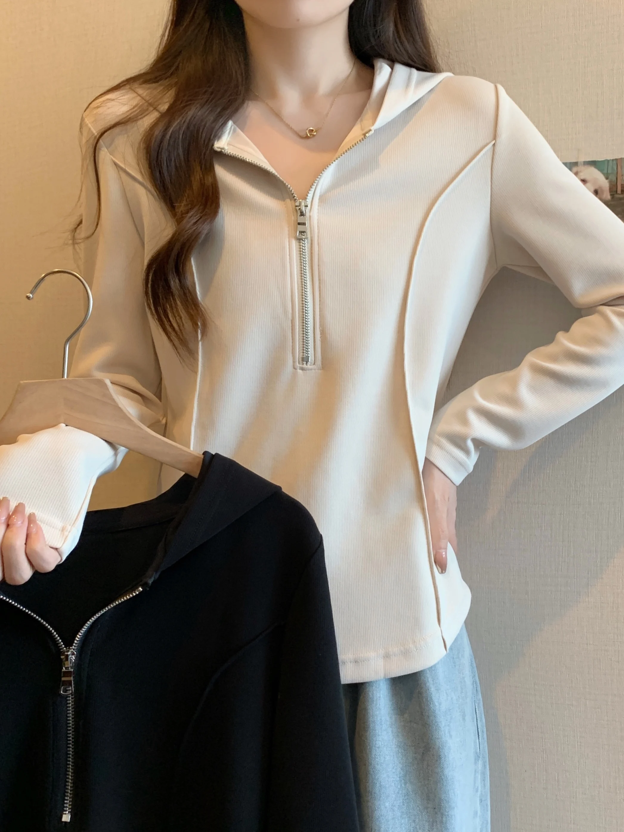 

Slim Fit Long Sve Hoodie Zipper Casual Sle Women's Sweatirt plus Size Spring 2026 Trendy Versatile Body a Top