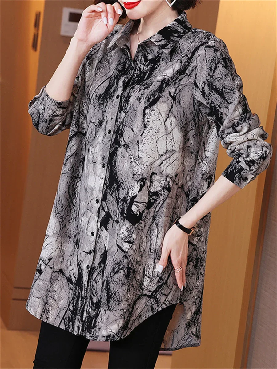 5XL Loose Women Spring Summer Shirts Lady Fashion Casual Long Sleeve Turn-down Collar Printing Blusas Tops ERFEW