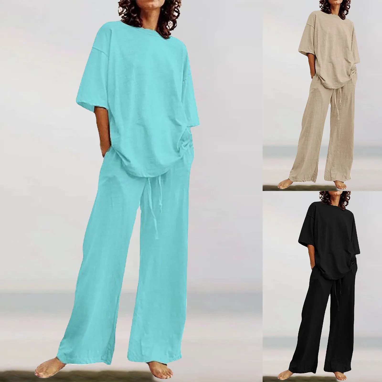 Summer Cotton Line Pant Suit for Women Casual Loose Half Sleeve O Neck Top And Wide Leg Trouser Set Daily Streetwear Plus Blusa