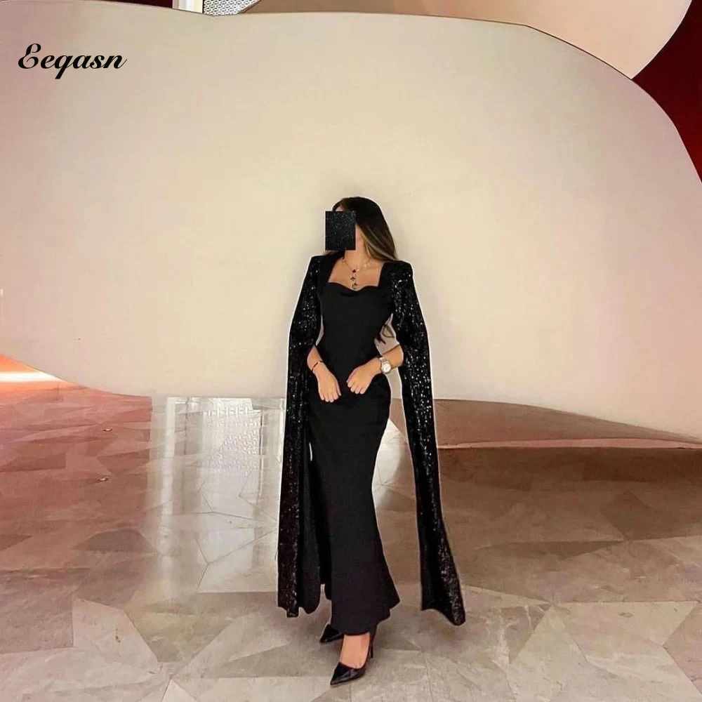 

Black Sheath Long Evening Dresses Saudi Arabric Sequin Cape Mermaid Prom Dresses Vintage Formal Prom Gowns Party Event