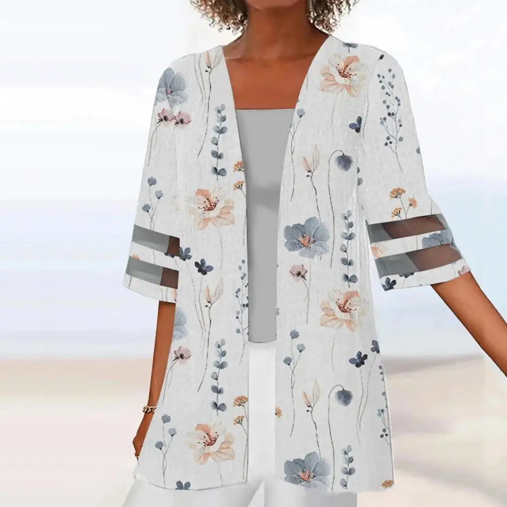 Women Cardigan Women Cardigan Vintage Mesh Patchwork Mid Length Jacket for Women Floral Print Half Sleeves Open Stitch A Stylish