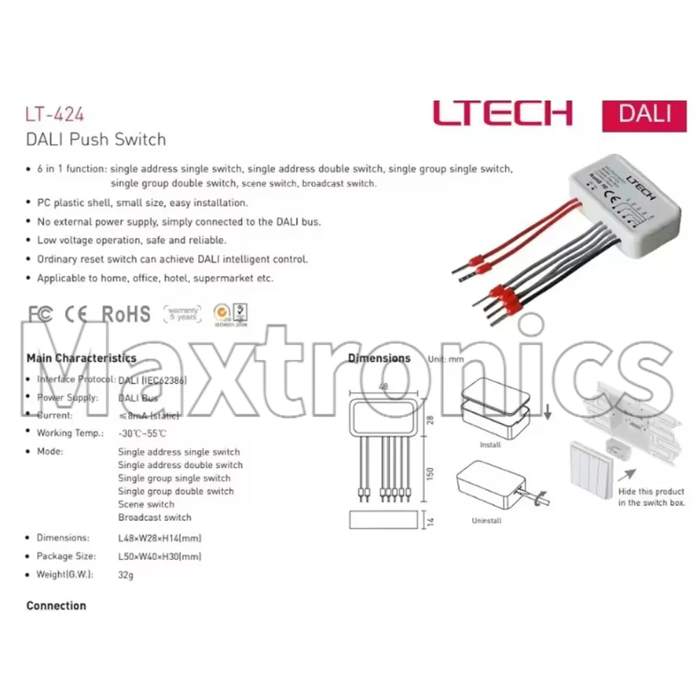Saklar DALI Push Switch LTECH 6 in 1 Fungsi Baru LT-424 Operasi Tegangan Rendah Saklar On/Off LED Saklar Bus DALI untuk Lampu Strip LED