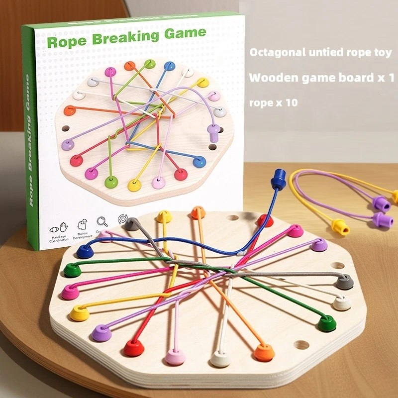 Wooden Rope Breaking Game, Strategic Puzzle Toy, Logic & Problem-Solving Challenge with Mixed Colored Ropes, Fun Desktop Game