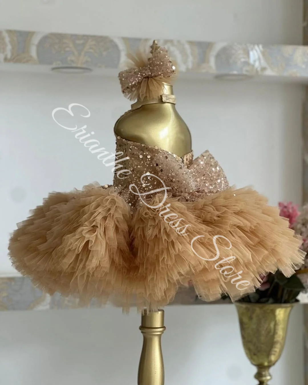 فستان فتاة الزهور المخصص لحفلات الزفاف من الدانتيل المطرز بالترتر منتفخ الطبقات مخصص للأطفال حفلة عيد ميلاد أول مناولة فستاين سهرة/فساتين الحفلات