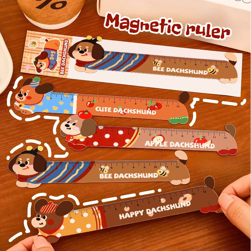 5Pcs Cartoon Dog Magnetic Flexible Ruler - Bendable Multi-Functional Bookmark Ruler With Cute Dog Design, Durable Rubber Materia