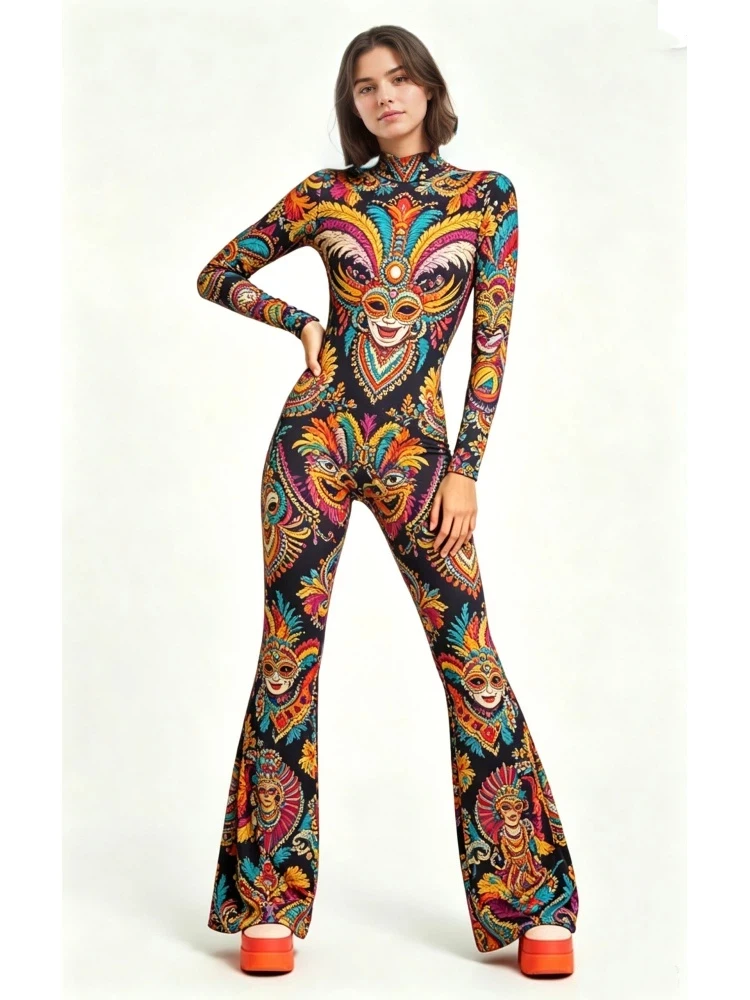 Damen-Jumpsuit mit ausgestellten Schlaghosenbeinen, geometrischem Schmetterlings-Skelett-Muster, figurbetont, Catsuit, Festival-, Rave-, Halloween-Cosplay-Outfit – Detail 22