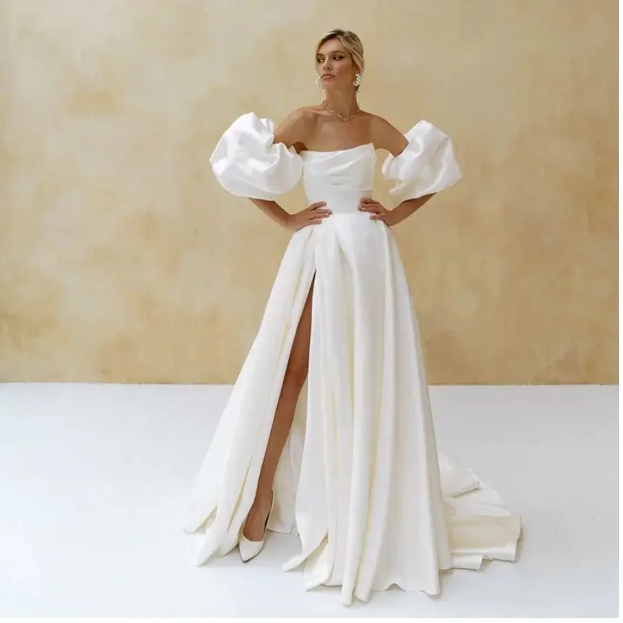 

Flavinke Elegant Satin Wedding Dresses 2024 Short Puff Sleeves White Bridal Gown A-Line Side Slit Sweep Train Vestido de Novia